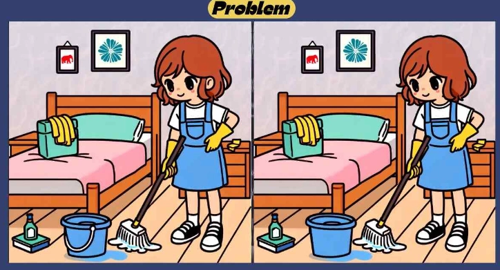 Finde die 3 Unterschiede zwischen den Schlafzimmer-Reinigungsbildern in 41 Sekunden