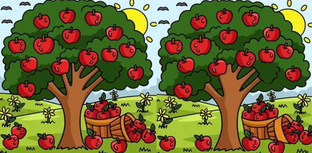 Finde 3 Unterschiede zwischen den Apfelbaum-Bildern in 19 Sekunden
