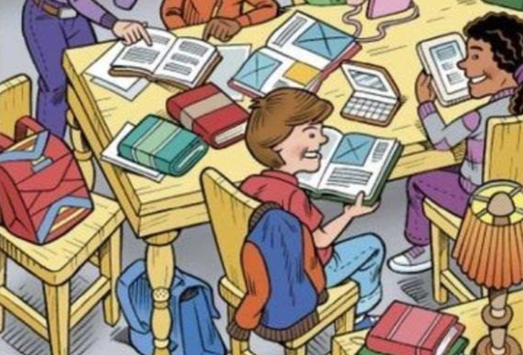 Nutzen Sie Ihre schärfste Sehkraft, um den blauen Buntstift in dieser Bibliotheksszene in 15 Sekunden zu finden