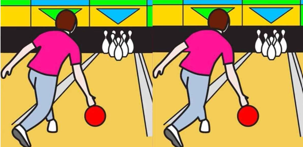 Finde 3 Unterschiede zwischen den Bildern des Mannes in der Bowling-Arena in 15 Sekunden