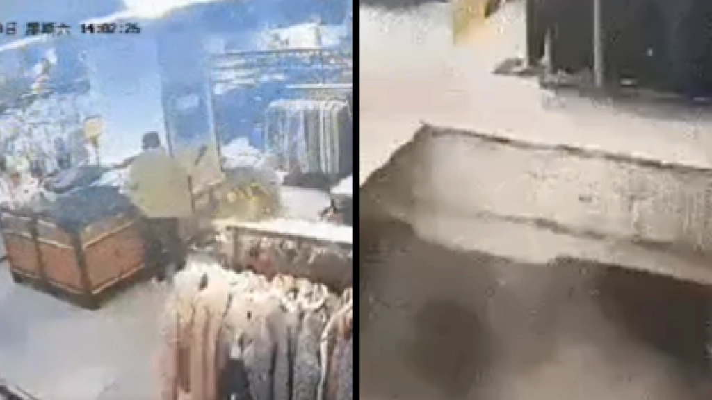 VIDEO: Einsturz des Fußbodens in einem chinesischen Einkaufszentrum fängt Frau und Arbeiter in Trümmern