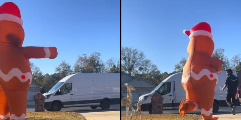 Aufblasbarer Lebkuchenmann jagt Amazon-Lieferanten