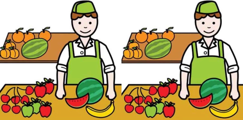 Nutze deine scharfen Augen, um 3 Unterschiede zwischen den Bildern des Obstverkäufers in 11 Sekunden zu finden