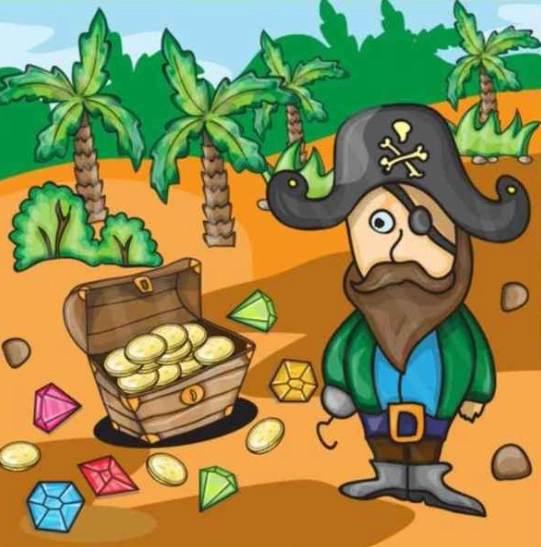 Finde 10 Unterschiede zwischen den Bildern vom Piraten und der Schatztruhe in 25 Sekunden