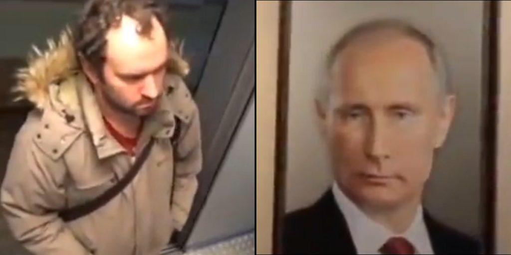 Schockierte Reaktionen russischer Bewohner auf Putins Porträt im Aufzug auf Kamera festgehalten