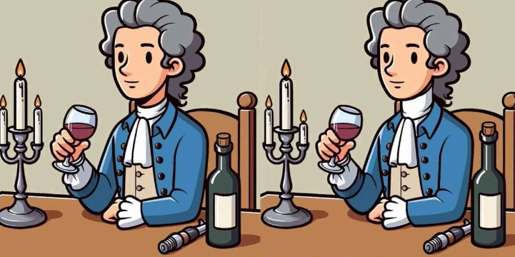 Finde 3 Unterschiede zwischen den Bildern des Mannes, der Rotwein trinkt, in 13 Sekunden