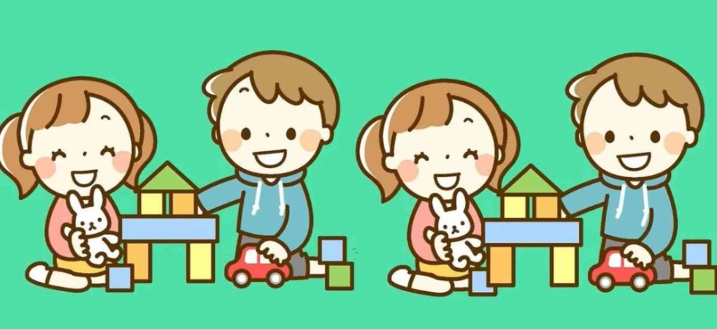 Finde 3 Unterschiede zwischen den spielenden Geschwistern auf den Bildern in 15 Sekunden